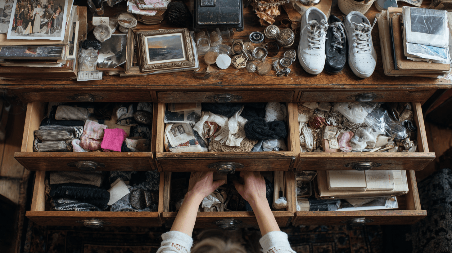 Rummaging through drawers of vintage jewellery, shoes and keepsakes